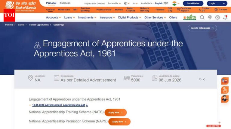 BOB apprentice recruitment 2026 begins for 5,000 graduates with 12-month training programme; check details here
