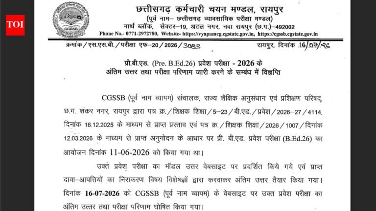 CG Vyapam Pre B.Ed result 2026 declared at vyapamcg.cgstate.gov.in: Direct link to download scorecards here